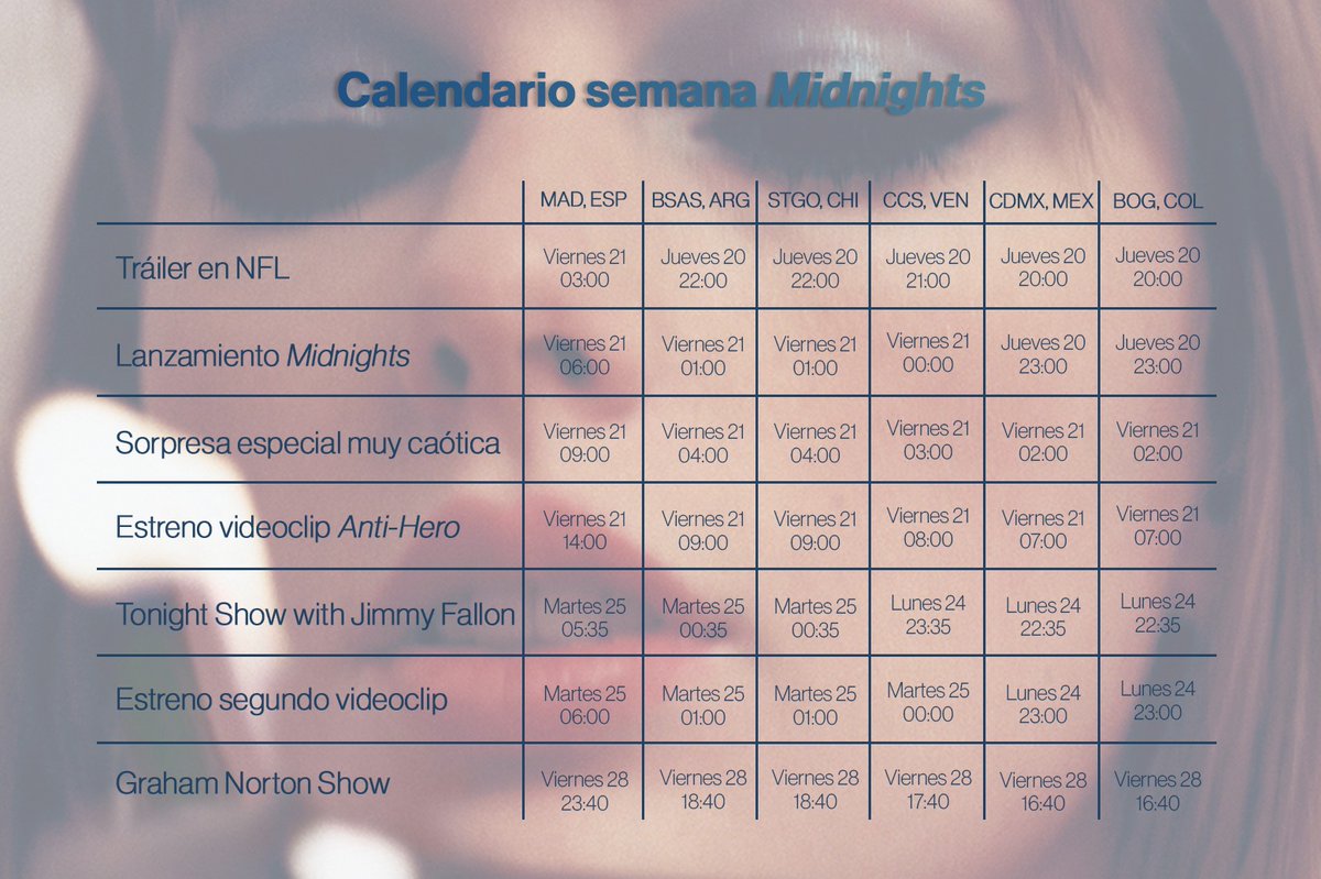 et0ile_noir's tweet photo. Aprovecho de dejar el horario de las cosas del 25 y 29 por si alguien no cachaba a que hora de acá era
#MidnightsCL https://t.co/UN52JlNBXn