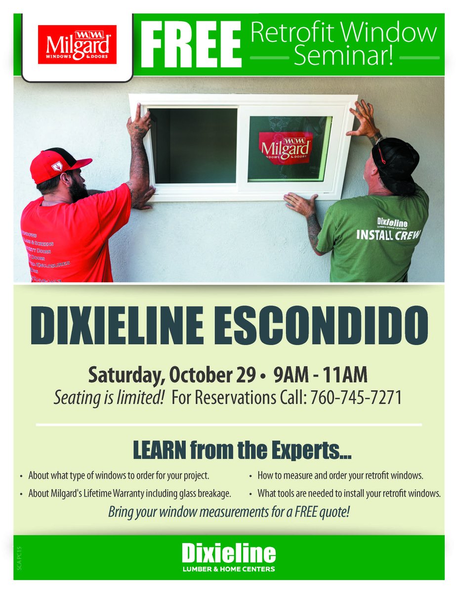 MixonR's tweet image. RT  RT  Join us as @milgard presents a FREE Retrofit Window Seminar next Saturday @ our Escondido Location. #milgardwindows #retrofitwindows #replace…