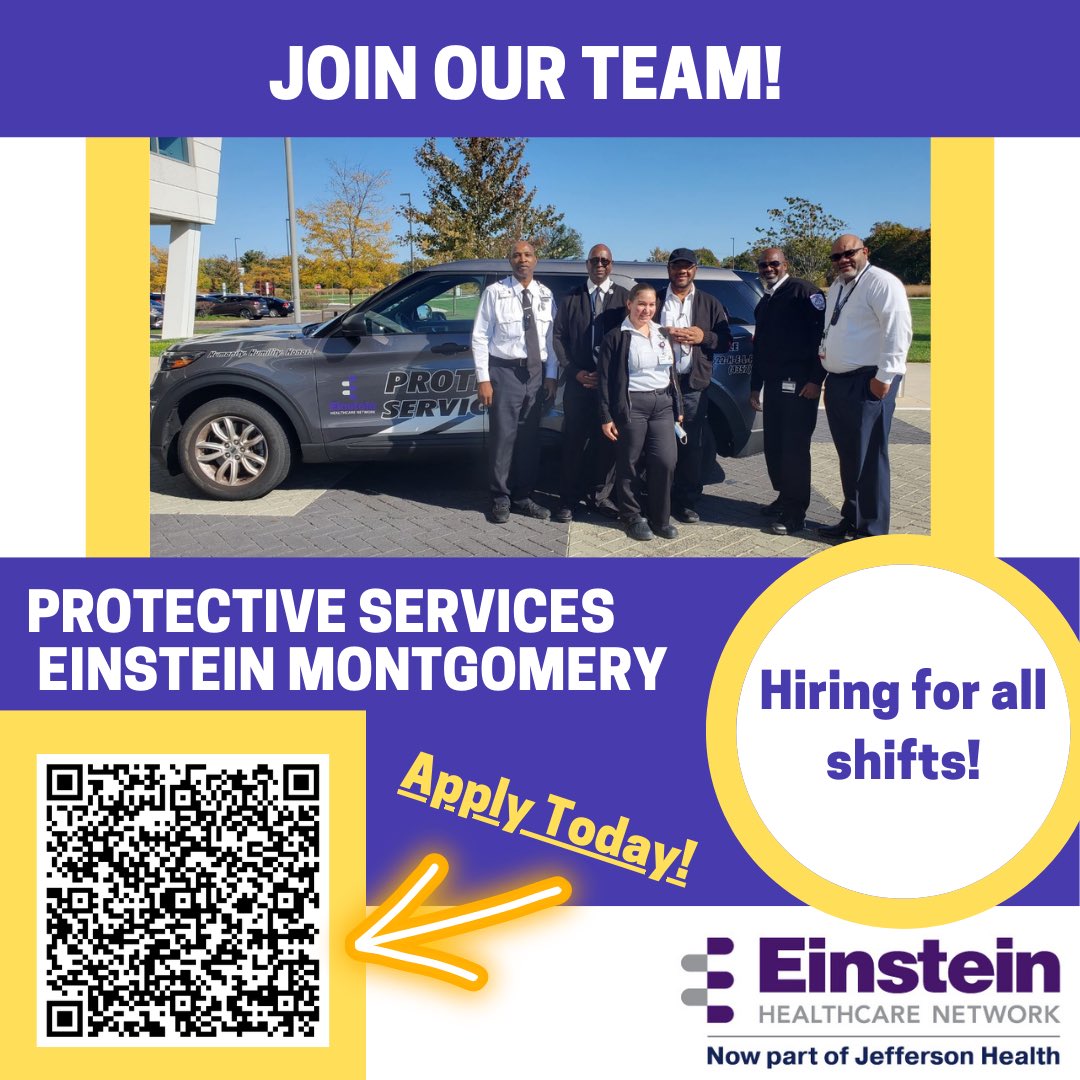 EinsteinJobs's tweet photo. Come join the Einstein Montgomery Security Team!  Einstein Medical Center Montgomery is hiring for all shifts.  Apply online to become a member of our Protective Services family! https://t.co/CDYip08Occ