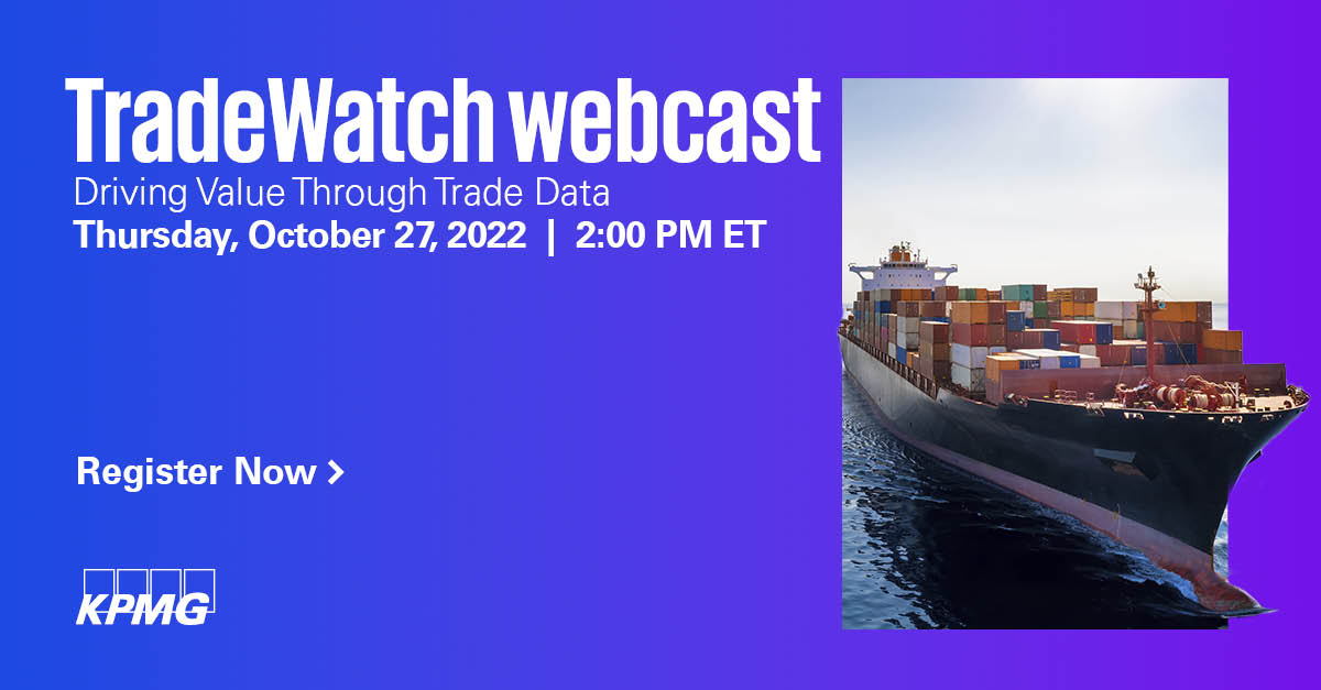 KPMG_US's tweet photo. Join #KPMGTax professionals as they discuss the wide array of #GlobalTrade-related data available to companies and how they can use it to obtain elevated business results. Hear more next Thursday at 2 PM ET in this TradeWatch webcast: #TradeCustoms
https://t.co/civaOmwZx8 https://t.co/CXgkNuEccB