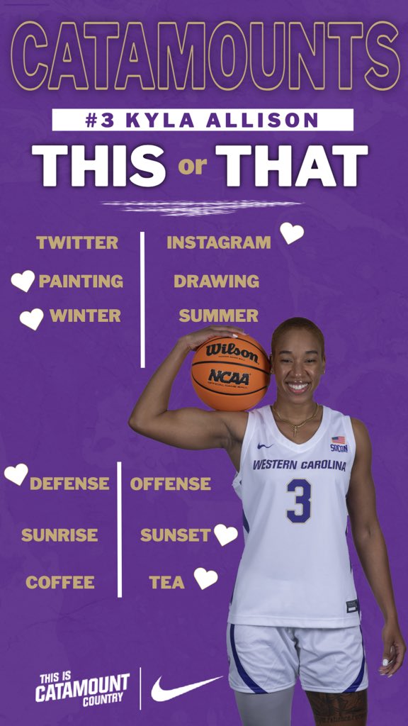CatamountWBB's tweet photo. Happy Friday Catamount Nation! Get to know our super senior Kyla Allison with this week’s This or That! @KillaK_00 

#BELIEVE 🏀 https://t.co/JeEHczG3N4