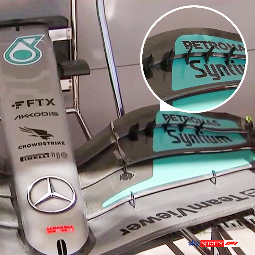 SkySportsF1's tweet photo. Mercedes' front wing, which is yet to be used, is causing a bit of a stir 👀

Ted Kravitz: 🗣️ "𝗧𝗵𝗲𝗿𝗲 𝗮𝗿𝗲 𝘀𝗼𝗺𝗲 𝗿𝘂𝗺𝗼𝘂𝗿𝘀 𝘁𝗵𝗮𝘁 𝘁𝗵𝗲𝘀𝗲 𝗲𝘆𝗲𝗯𝗿𝗼𝘄 𝘄𝗶𝗻𝗴𝗹𝗲𝘁𝘀 𝗮𝗿𝗲 𝗻𝗼𝘁 𝗰𝗼𝗺𝗽𝗹𝗶𝗮𝗻𝘁 𝘄𝗶𝘁𝗵 𝘁𝗵𝗲 𝗿𝗲𝗴𝘂𝗹𝗮𝘁𝗶𝗼𝗻𝘀." https://t.co/scVVlhdvhc