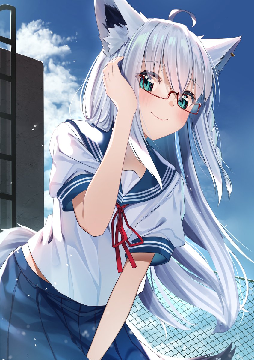 shirakami fubuki 1girl animal ears fox ears solo long hair school uniform glasses  illustration images