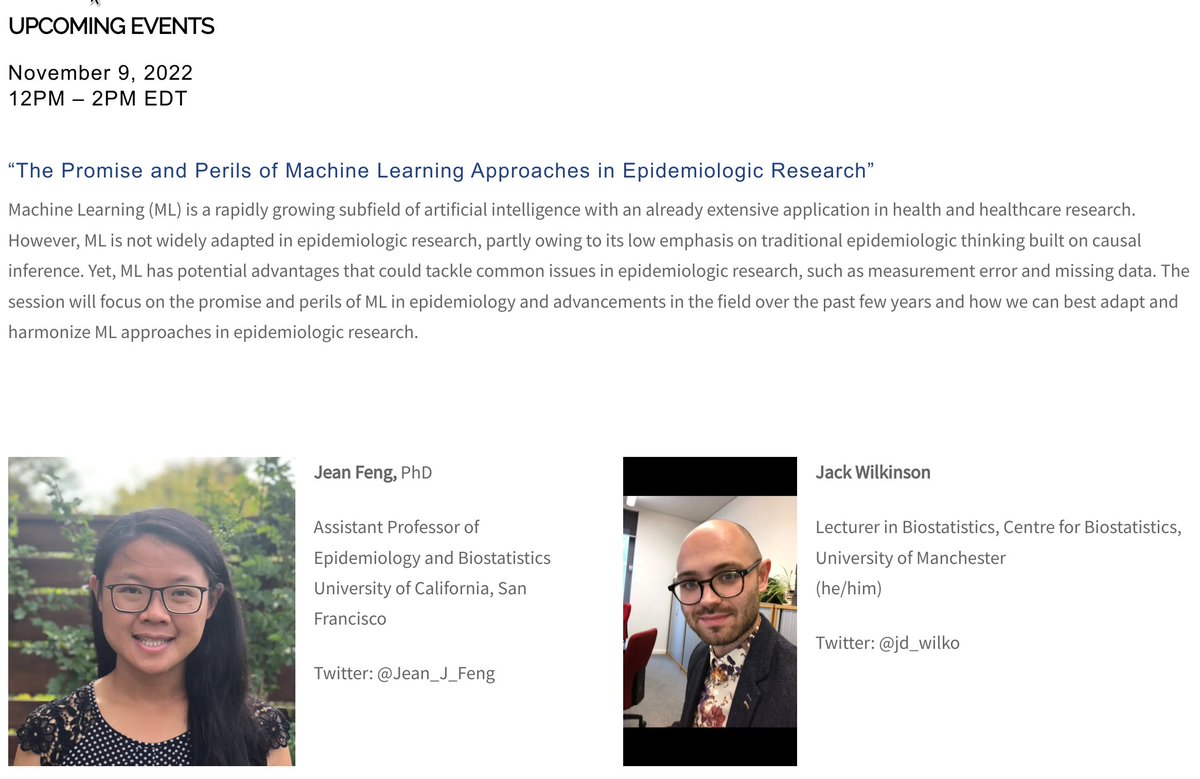 societyforepi's tweet photo. Join #SERdigital for a webinar hosted by @Jean_J_Feng and @jd_wilko:
“The Promise and Perils of Machine Learning Approaches in Epidemiologic Research”
November 9, 2022
12pm–2pm EDT
Register now: https://t.co/YTXZ5jLLD6 https://t.co/Vij8RGsOb3