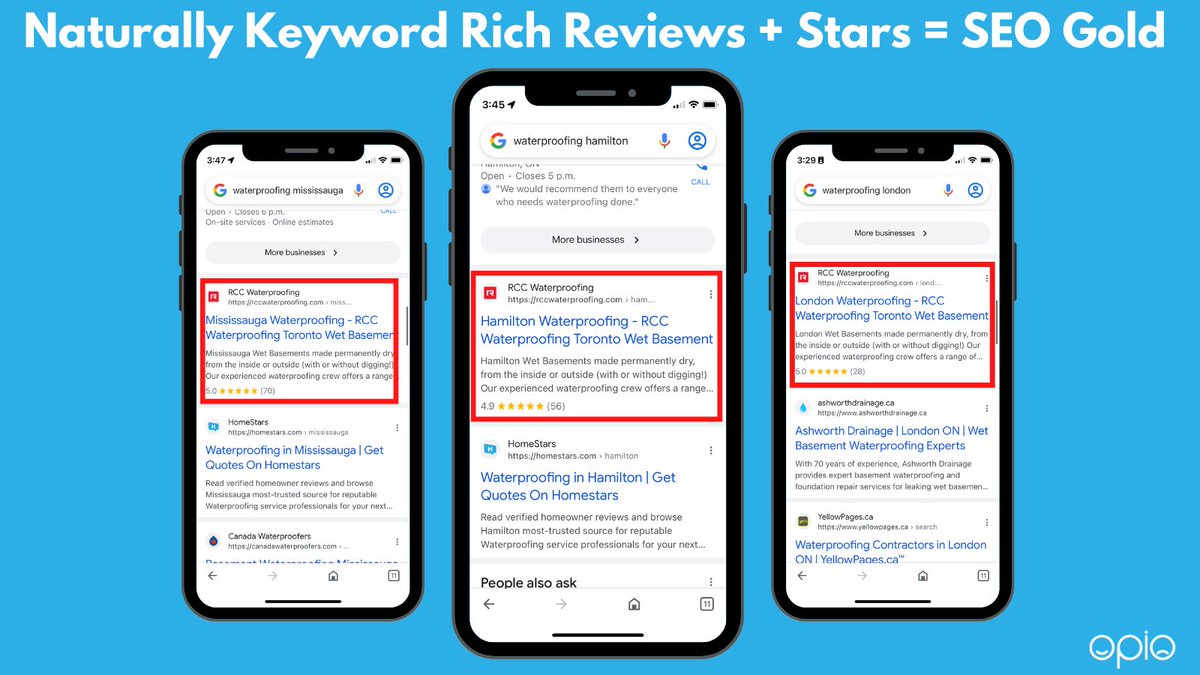 OPIO can be a major benefit for your website’s SEO performance given that reviews typically contain naturally keyword rich content. Clients who have been able to garner a substantial amount of reviews have stars on their listings with improved visibility and click through rates.