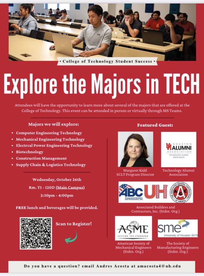 UHEngineeringSL's tweet image. Happy ❤️ #CougarRedFriday ❤️!!!

When: Wednesday, October 26th
Where: Rm. T1-120D (main campus) or Virtually (MS Teams)
Time: 2:30pm-4:00pm
 
Register by following this link: forms.office.com/r/tw1F0jnBRd

#uhcot #uhatsugarland