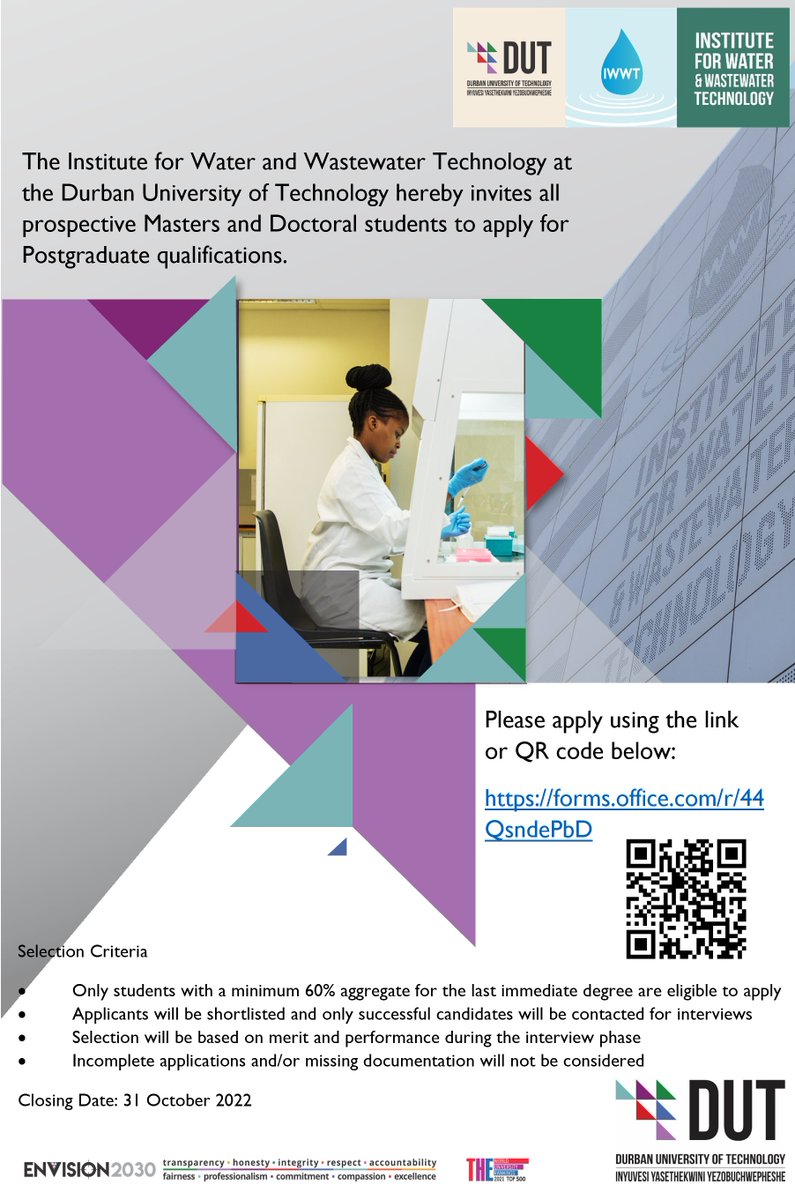 The IWWT at the DUT hereby invites all prospective #Masters and #Doctoral students to apply for #Postgraduate qualifications.
forms.office.com/r/44QsndePbD
<a href="/DUT_Tweets/">DUT</a> <a href="/NRF_News/">National Research Foundation of South Africa</a> @dsigovza <a href="/eThekwiniM/">eThekwini Municipality</a> <a href="/UKZN/">University of KwaZulu-Natal</a> <a href="/HigherEduGovZA/">HigherEducationZA</a> <a href="/WaterResearchSA/">WRC</a> <a href="/DutBiotechFood/">DUT_Biotechnology & Food Science</a>  #PhDScholarships #PhD #algae