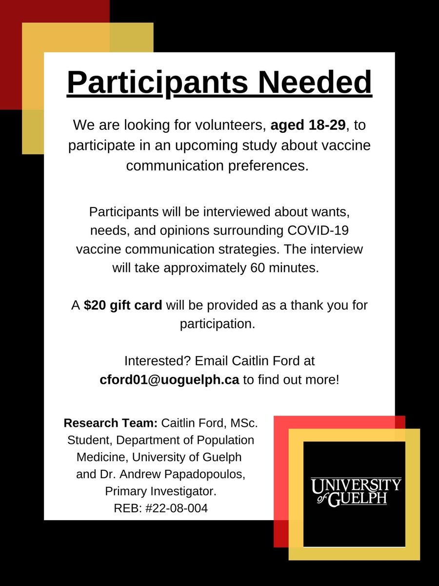 We are looking for volunteers for an upcoming U of G study on vaccine communication preferences. Please share with anyone who might be interested in participating. Thanks!