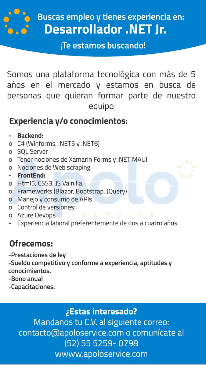 ApoloServiceMX's tweet image. ¿Quieres formar parte de Apolo Service?

Puedes mandar tu C.V. a nuestro correo electrónico contacto@apoloservice.com.