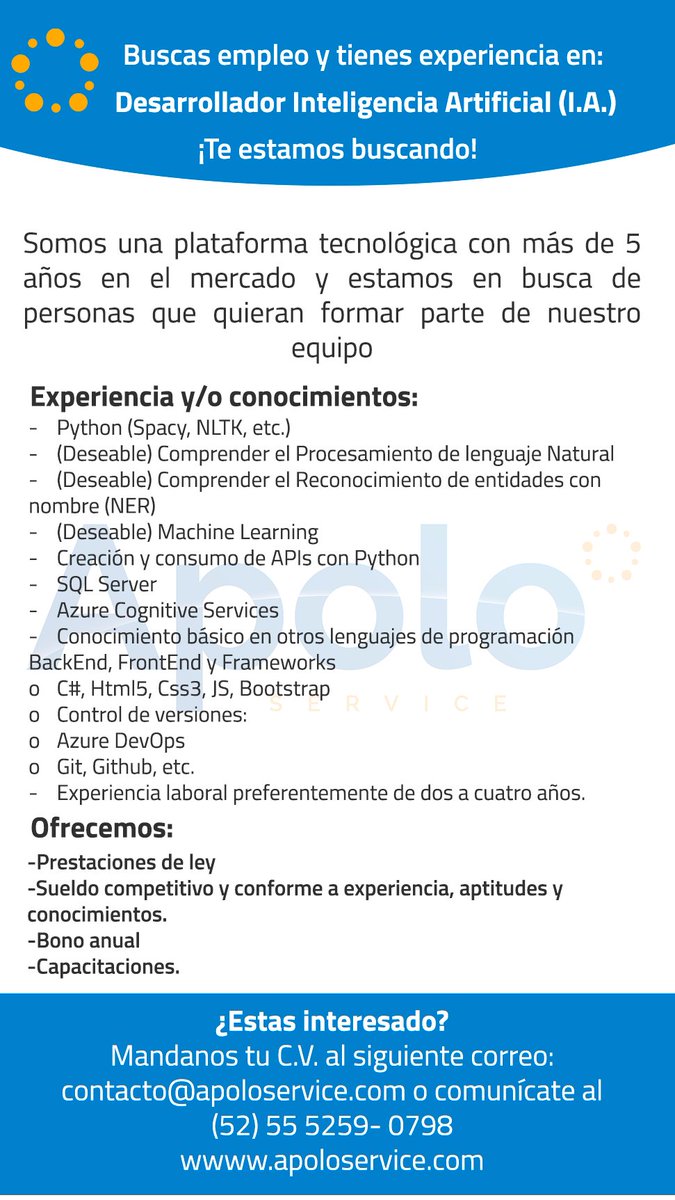 ApoloServiceMX's tweet image. ¿Quieres formar parte de Apolo Service?

Puedes mandar tu C.V. a nuestro correo electrónico contacto@apoloservice.com.