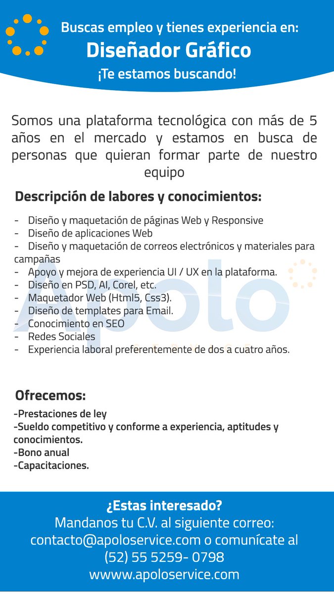 ApoloServiceMX's tweet image. ¿Quieres formar parte de Apolo Service?

Puedes mandar tu C.V. a nuestro correo electrónico contacto@apoloservice.com.