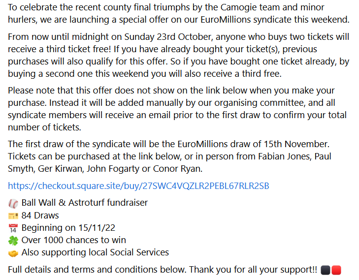 MoneygallGAA's tweet photo. 🚨Ball Wall Fundraiser: Special Offer🚨
To celebrate the recent county final triumphs by the camogie team and minor hurlers, we are launching a special offer to join our EuroMillions syndicate this weekend!
https://t.co/RfzzZEFLHr https://t.co/x03dOccnIc
