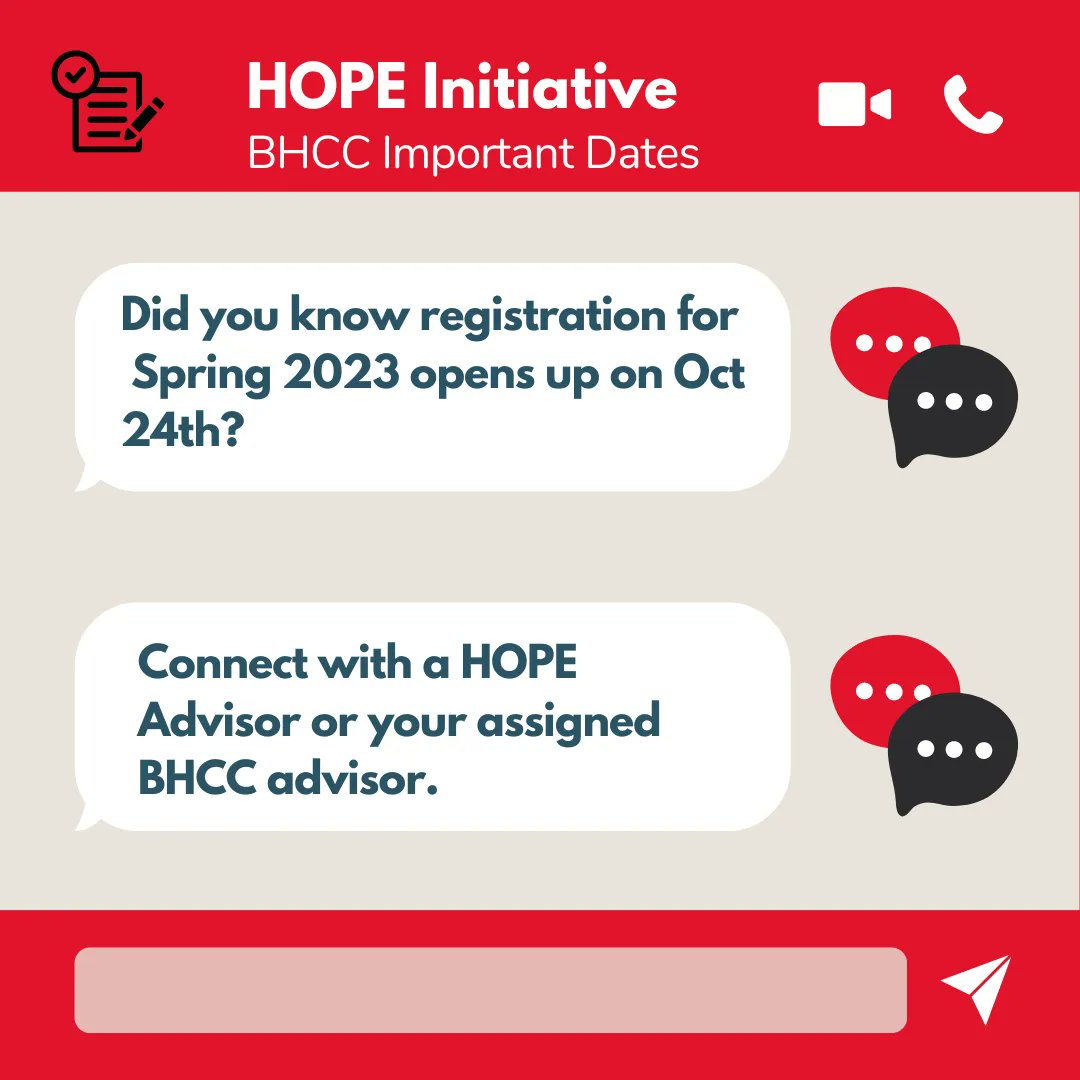 Spring 2023 Course Registration begins October 24! Plan your courses today. #HOPE #BHCC #SPRING2023