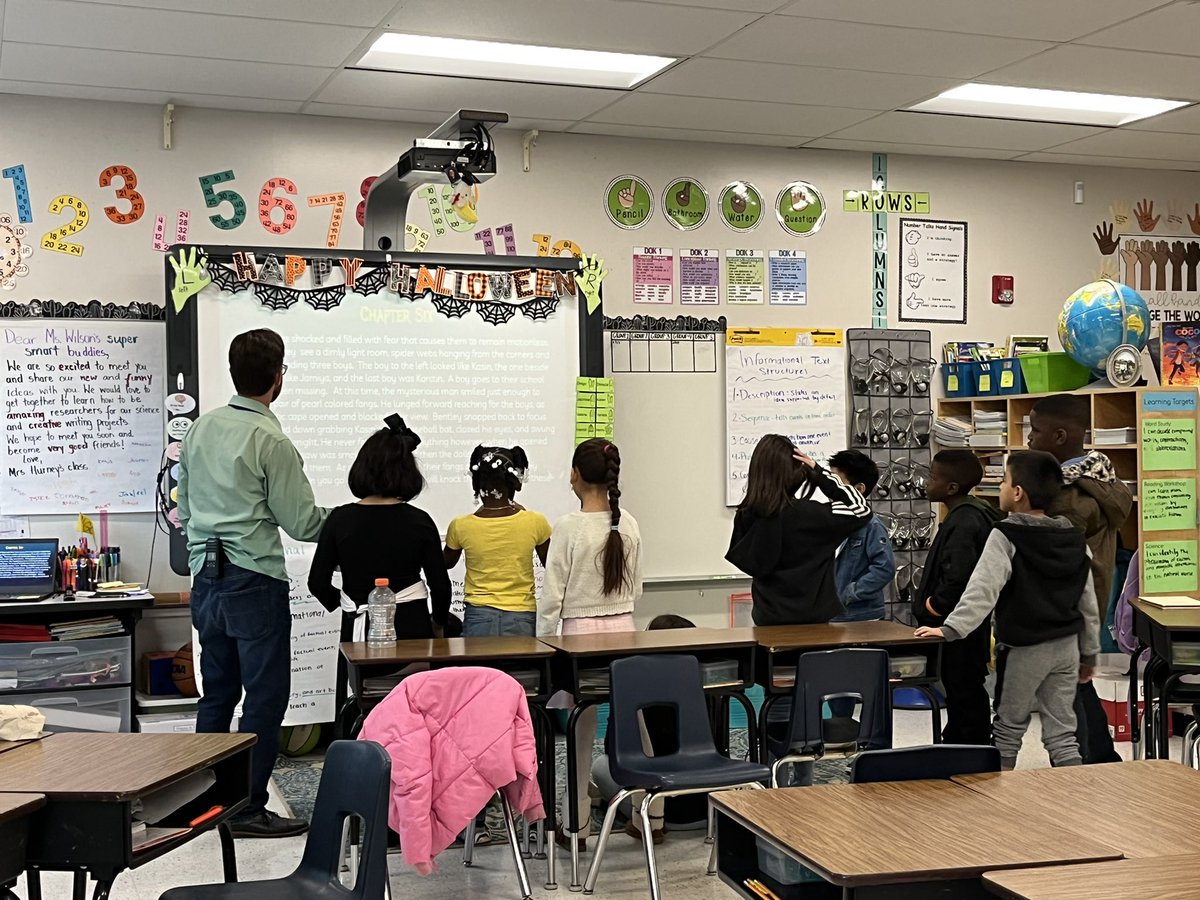 Today <a href="/GroveElementary/">GroveElementary</a> our assistant principal came to do a writing lesson with my class! Students focused on using descriptive language to add lots of details to their haunted house writings! They were so engaged that they couldn’t even stay in their seats! #thrivinginthird