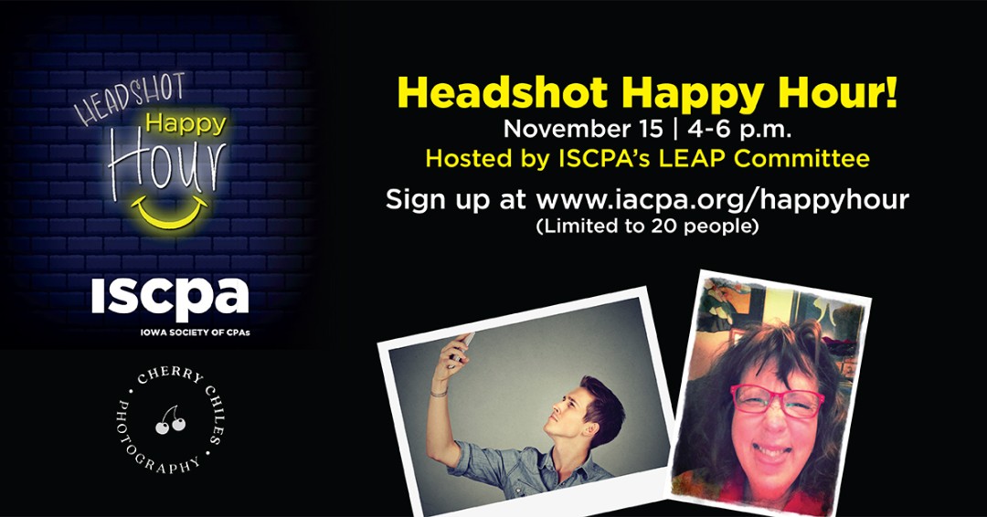 IowaCPAs's tweet photo. Did someone say Happy Hour? Iowa Society of CPAs' LEAP (YP) Committee is hosting a fun event on Nov. 15. Register today at https://t.co/eCDR7wI8Ze. This event is FREE for all attendees ages 40 &amp; under. There is a $25 charge for non-members who would like a headshot. https://t.co/GfsWWXKQXz