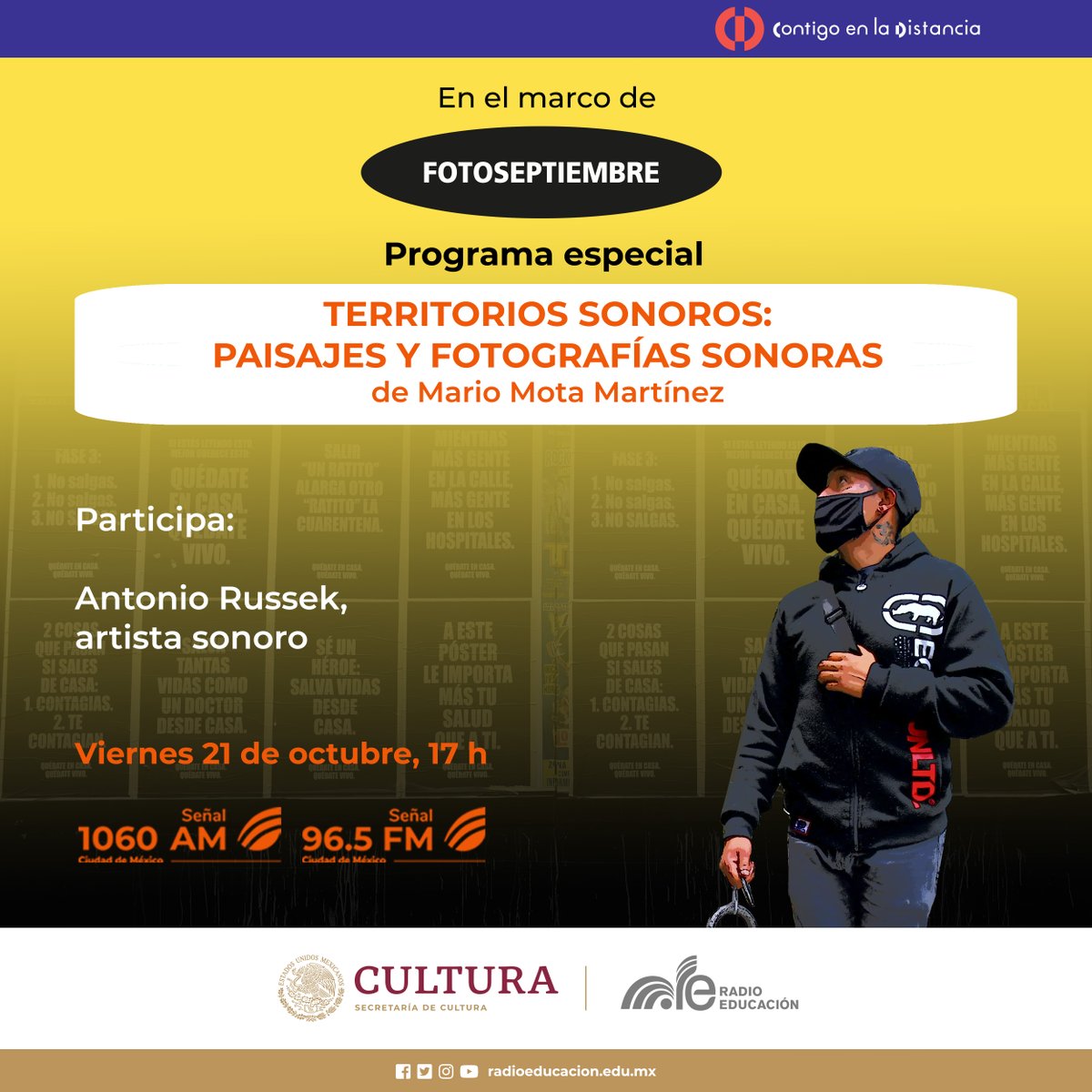 RadioEducacion's tweet photo. Mario Mota y el artista sonoro Antonio Russek te esperan en #TerritoriosSonoros, paisajes sonoros y fotografías sonoras 📸🎶
Escucha este espacio especial en el marco de #Fotoseptiembre, colaboración con el @cimagen
#RedDeLaImagen 🎧
⌚Hoy a las 17 h
📻1060 AM, 96.5 FM #CDMX https://t.co/6lYF0kbOTn