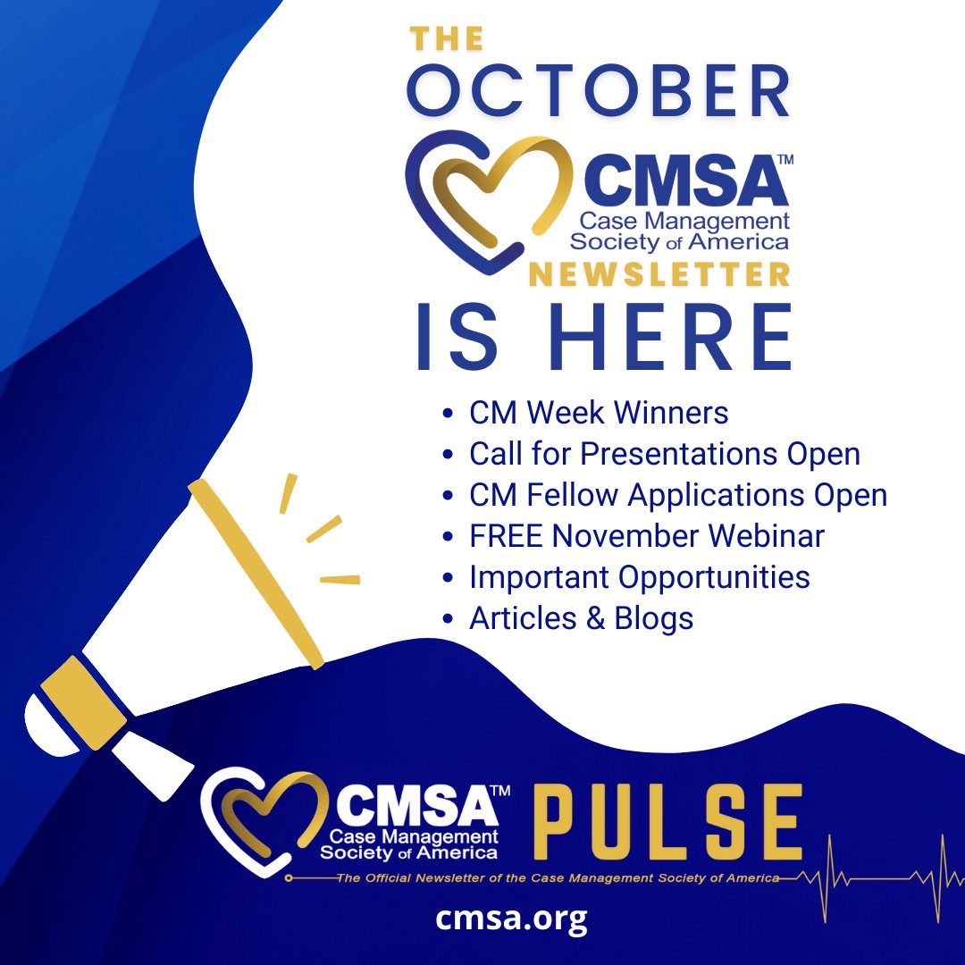 CMSANational's tweet image. Read the October #CMSAPulse Newsletter for all the news you need! bit.ly/CMSAPulseOct22
- CM Winners
- Call for Presentations Open
- CM Fellow Applications Open
- FREE November Webinar
- Important Opportunities
- Articles &amp;amp; Blogs
#CMSA #CaseManagement