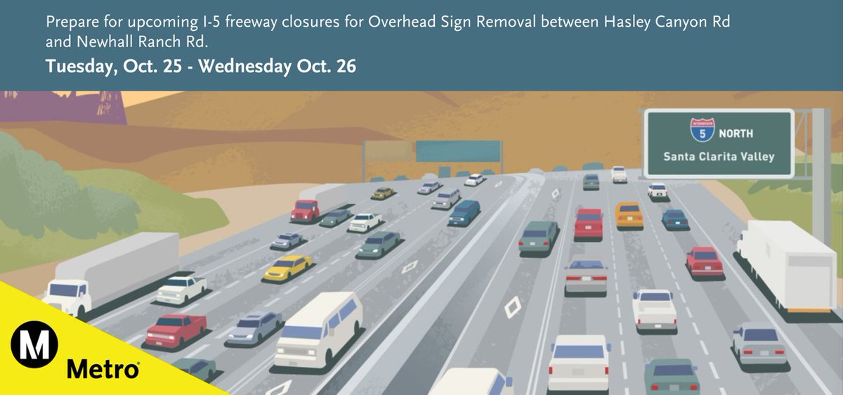 CaltransDist7's tweet image. 🚧🚧 All lanes on Southbound I-5 will be CLOSED from Hasley Canyon Rd to Route 126 (Newhall Ranch Rd) at 10PM Tue to 4AM Wed (Oct 25-26) for @metrolosangeles project. Detour info: …k0f2vx078zts2980.pub.sfmc-content.com/d2fmdpzgzq0/ag… #Castaic @santaclarita @CHP_Newhall @CHPFortTejon @CaltransDist6