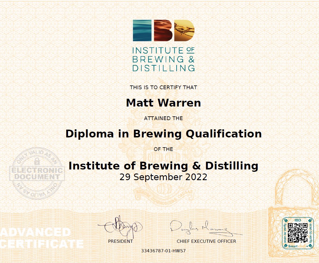 This was the most challenging thing I’ve ever done. For 3 years, most of my free time was spent studying for these @IBDHQ exams. The #IBD #DiplomaInBrewing exams are no joke, way tougher than I’d imagined, haha. Huge thanks to my family &amp; friends for the support.❤️ Cheers!🍻 -MW