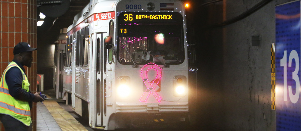 SEPTAPHILLY's tweet photo. Two #SEPTA Trolley Operators - Devante Parker and Soup Davis - teamed up to decorate a trolley for #BreastCancerAwarenessMonth. The labor of love was inspired by Parker’s aunt who is a breast cancer survivor. #ISEPTAPHILLY #waytogo https://t.co/lKYWEI76R3