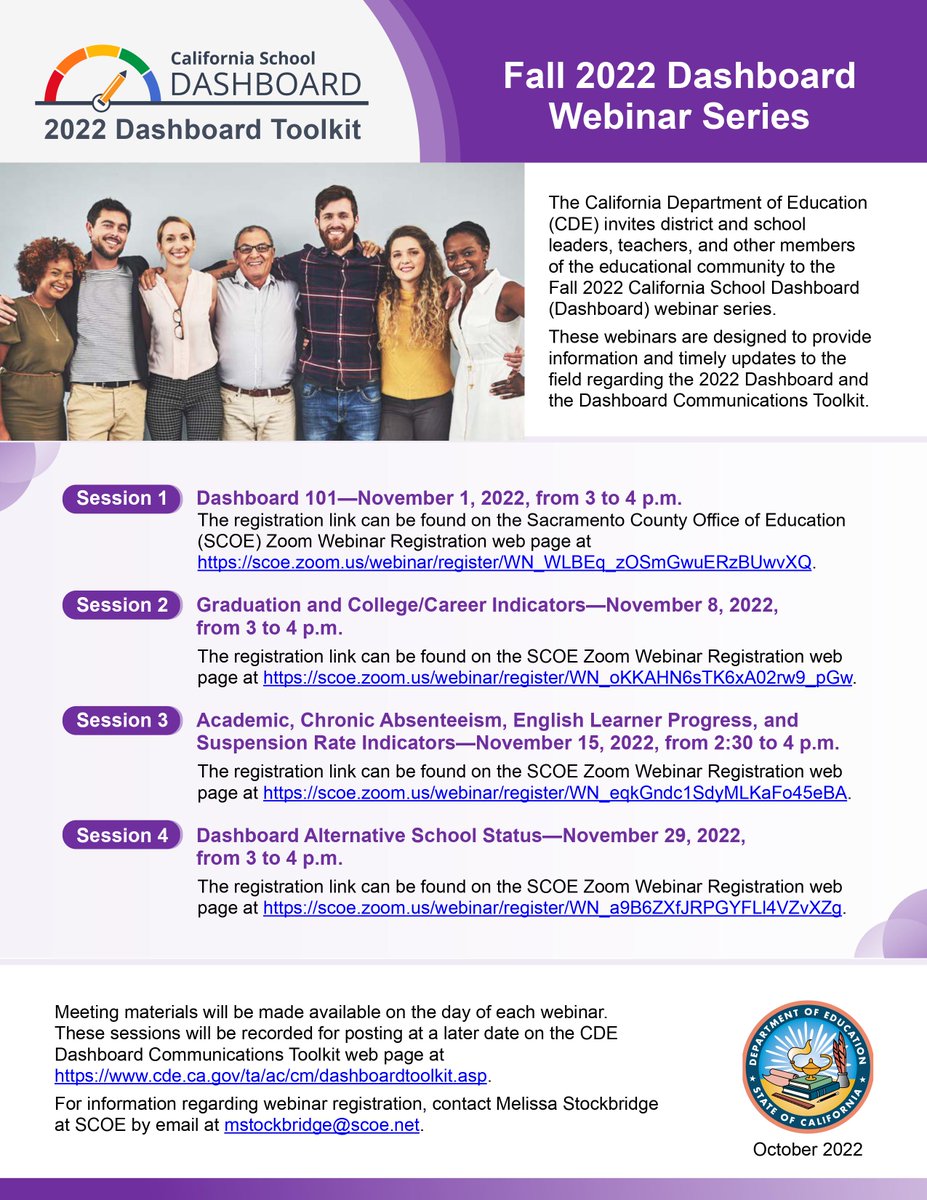 CDEdashboard's tweet photo. The @CDEDashboard is hosting a series of webinars in November 2022 to support the release of the 2022 Dashboard. These webinars are designed to provide an overview of each state indicator. Register today and we will see you there! https://t.co/EwQK3LLtM0 https://t.co/LA3CKD3Jhj