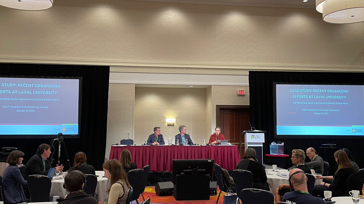 CAUT_ACPPU's tweet photo. Closing out day one of the Librarians &amp; Archivists Conference with a case study on the recent organizing efforts at Laval University

#CAUTLibArc https://t.co/4G6vXtslpm
