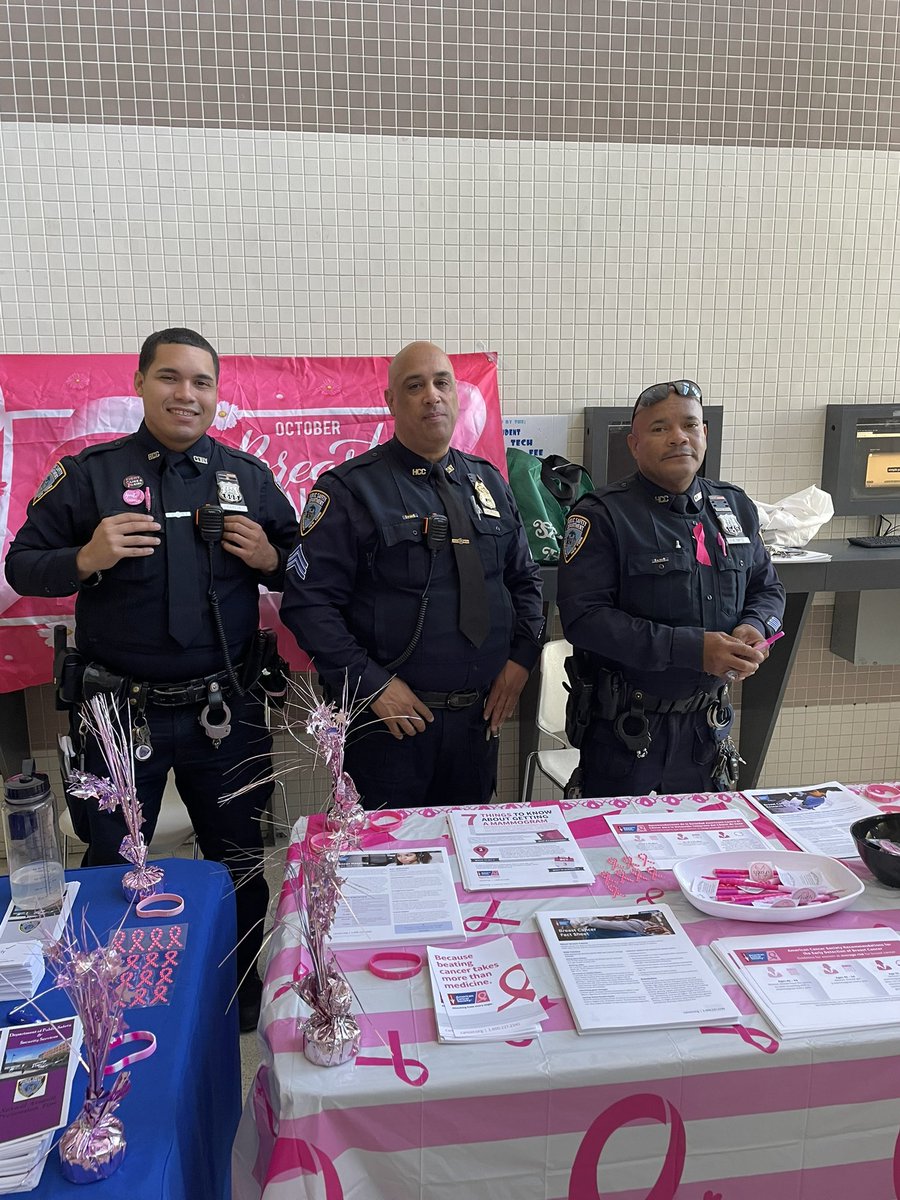 HCCPublicSafety's tweet photo. BREAST CANCER AWARENESS MONTH ❤️ OUR PUBLIC SAFETY OFFICERS: PO Garcia, Sgt Rodriguez, PO Ortiz &amp; Lt. Bailey conducted a on campus Out Reach and Awareness tabling event which provided help and resources to the college community. https://t.co/scXR1tR5qS