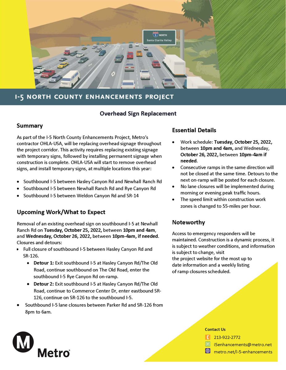 CaltransDist7's tweet image. 🚧🚧 All lanes on Southbound I-5 will be CLOSED from Hasley Canyon Rd to Route 126 (Newhall Ranch Rd) at 10PM Tue to 4AM Wed (Oct 25-26) for @metrolosangeles project. Detour info: …k0f2vx078zts2980.pub.sfmc-content.com/d2fmdpzgzq0/ag… #Castaic @santaclarita @CHP_Newhall @CHPFortTejon @CaltransDist6