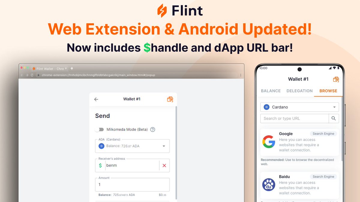 Flint Wallet Web Extension and Android have been updated! (iOS pending approval) This update brings 2 big features which we teased the other day! - @adahandle support! - dApp URL bar! Download the Web Extension or Android update from our website!⬇️ flint-wallet.com 1/