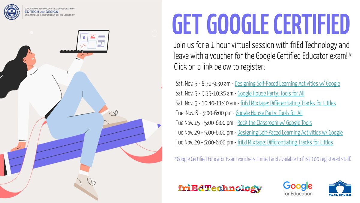 Hey @saisd Who wants a free voucher for Google Certified Educator Level 1 Exam? Join us for a session with <a href="/friEdTechnology/">friEdTechnology Team</a> in November! Limited # of vouchers available so join quick! Register here bit.ly/3DkElwz
