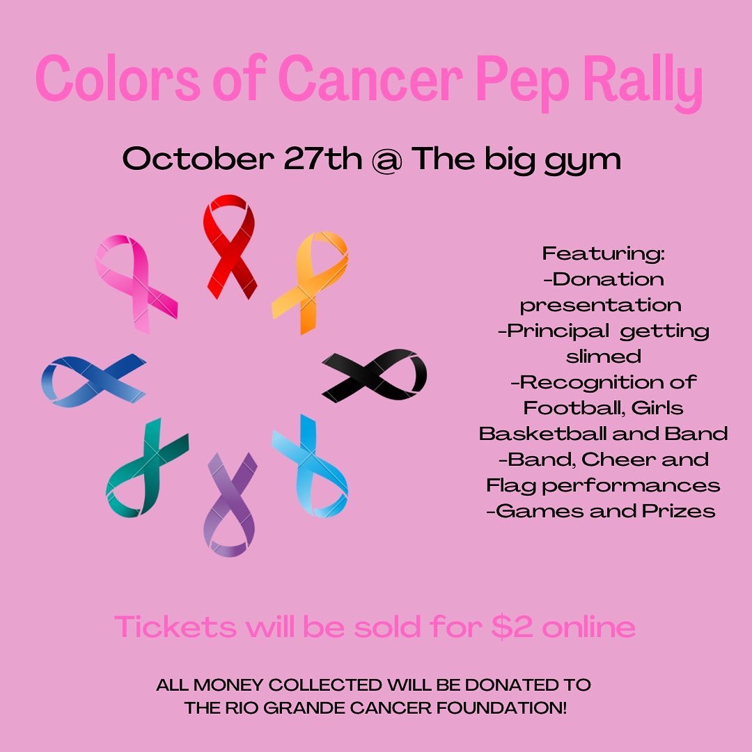 EastlakeStuCo's tweet image. Hey Falcons! We will be having our Colors of Cancer Pep Rally on Thursday October 27th. Tickets will be sold for $2 online. All money brought in will be donated to the Rio Grande Cancer Foundation!