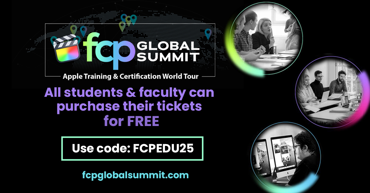 FMC_Conferences's tweet image. The #FCP Global Summit is now FREE for students and faculty!  This is the perfect event for students and faculty to learn more about how #FinalCutPro can help you in education and in your future career! Sign up now: bit.ly/3Dicdd9