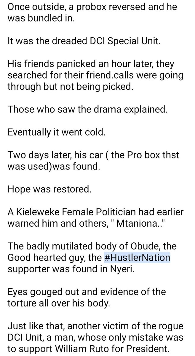 19th Feb. 2022. Joseph Ochieng, Obude, a great supporter and campaigner for William Ruto. On that day, he was 'shortening the night,' at a Kawangware spot. 'Obude, niaje, situongee hapa kidogo,' The two men requested. .....