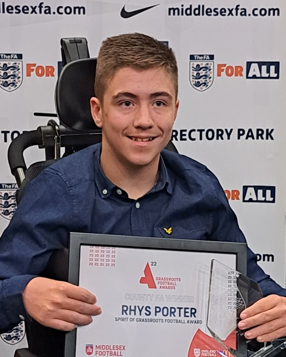 Super proud of you @rhysporter__  Spirit of Grassroots Football 2022 Winner 🥳⚽️❤️ #middlesexfa #FFC #sportsinclusion #disabilitysports #footballfamily #englandfootball @middxfa