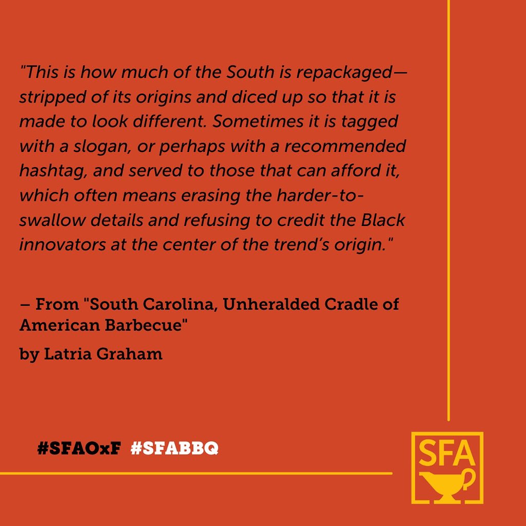 southfoodways's tweet photo. In the first talk of SFA’s 2022 Symposium, writer and cultural critic @LatriaGraham explores the erasure of Black contributions from the historical canon. It’s a story that touches her own family history as a fifth-generation South Carolina farmer.
#SFAOxF #SFABBQ https://t.co/j0UZbVY0lD