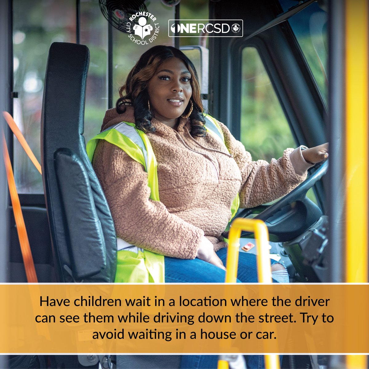 Today is the last day of School Bus Safety Week! Here's our final tip: Have children wait in a location where the driver can see them while driving down the street. Try to avoid waiting in a house or car. #ONERCSD #SchoolBusSafetyWeek