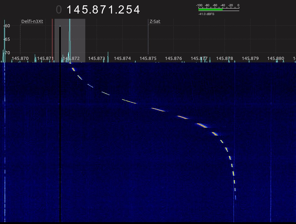scott23192's tweet photo. Crazy strong CW downlink from Z-Sat 0203utc over the U.S. East Coast.   Waterfall looks like a textbook illustration!   Decodes on replay into FLDigi.   Any plans to enable FSK telemetry?  @KOMAKI_AMSATCOM https://t.co/lNF3bqiBdd