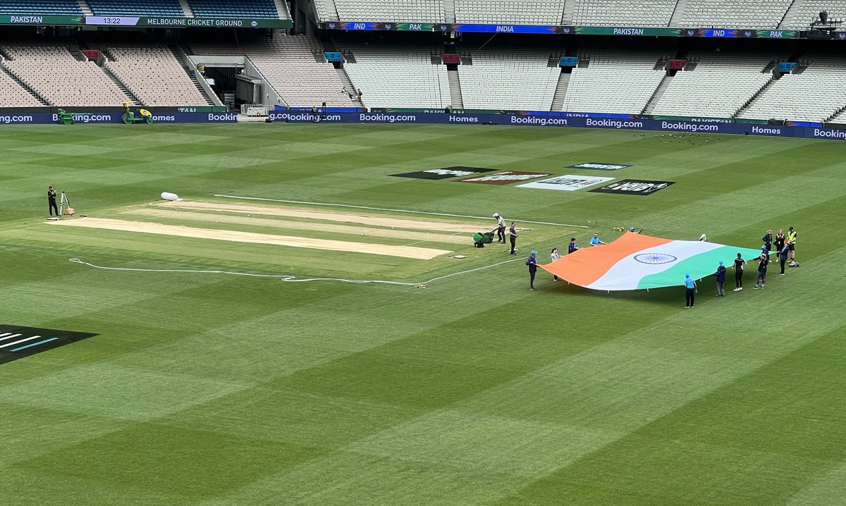 Indian tricolour at the MCG ahead of the #INDvsPAK game tomorrow, the Sun is out & the covers are off!