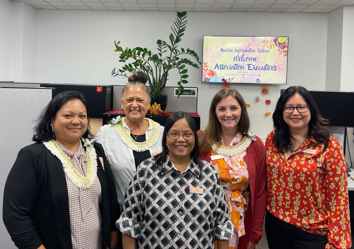 HiInformation's tweet photo. Hawaii Information Service celebrated Association Executives Day by welcoming our three AEs, Ashley Mejia (Hawaii Island REALTORS®), Nani Sadora (Kauai Board of REALTORS®), and Taylor Rodamer (West Hawaii Association of REALTORS®) to our office. https://t.co/cktZYTdApd