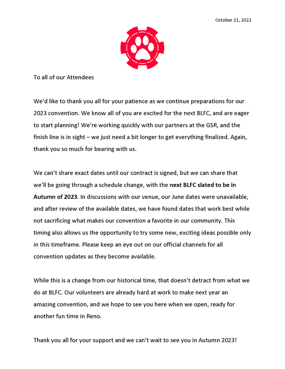 Announcement regarding #BLFC2023. Our next convention is slated for Autumn of 2023.