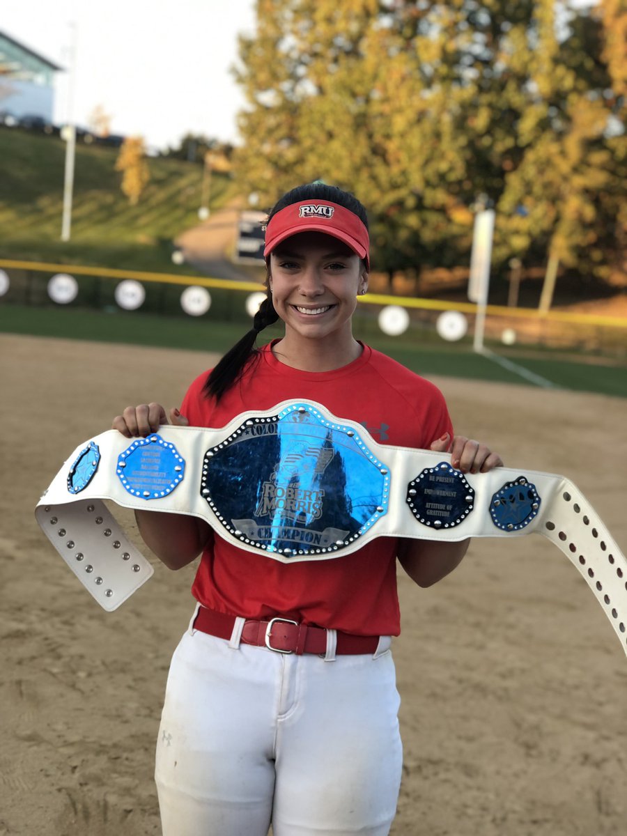 RMUSoftball's tweet photo. #ANDNEW 

@juliaehrman held off multiple challengers as long as she could these past two days. But @winchell_a just balled out today to take home the belt. 

How long will she hold onto the #ColonialChallenge title? https://t.co/rtS39eR1Kb