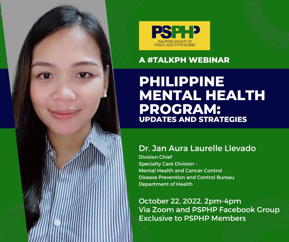 psphpofficial's tweet photo. Do you want to know the updates and strategies of Philippine #MentalHealth Program?
Join us in #TalkPH this afternoon, 2pm-4pm, with Dr. Jan Llevado, DOH Mental Health Division Chief.
Register at https://t.co/PE35T4vCT2 https://t.co/wWzZjrSjbU