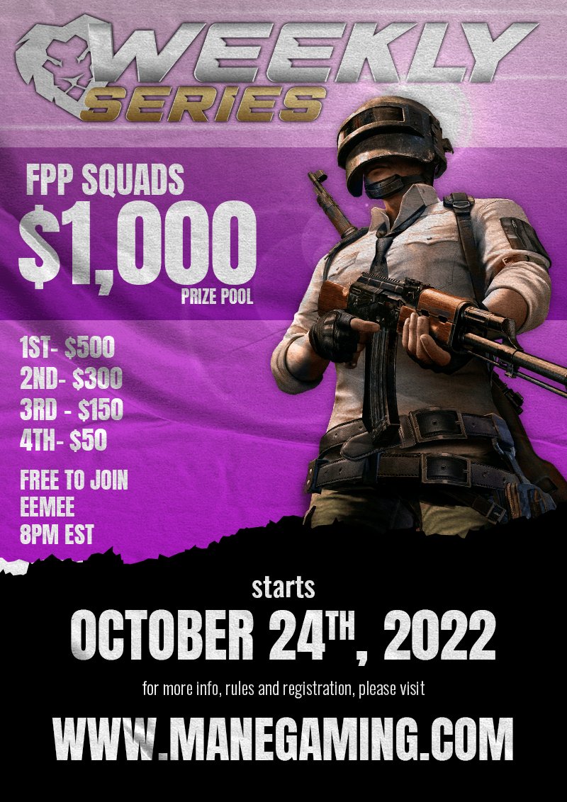 🦁 Mane Gaming Weekly is BAAAACK🦁

-24 Spots
-17 teams will be confirmed in Discord by Monday Morning
-New players/teams receive priority

Register here --->

manegaming.com/weekly-series/