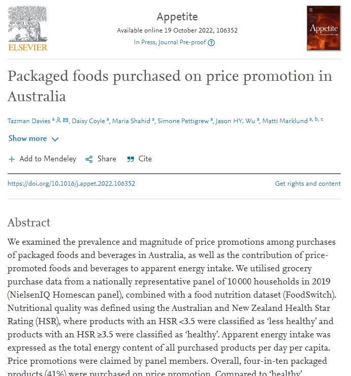 Could those ubiquitous 'on sale' signs at supermarkets influence purchase of unhealthy foods? You bet - great new paper by Tazman Davies in our team quantifying proportion of unhealthy foods purchased on price promotion. Target for policy action! bit.ly/3MR0l5h