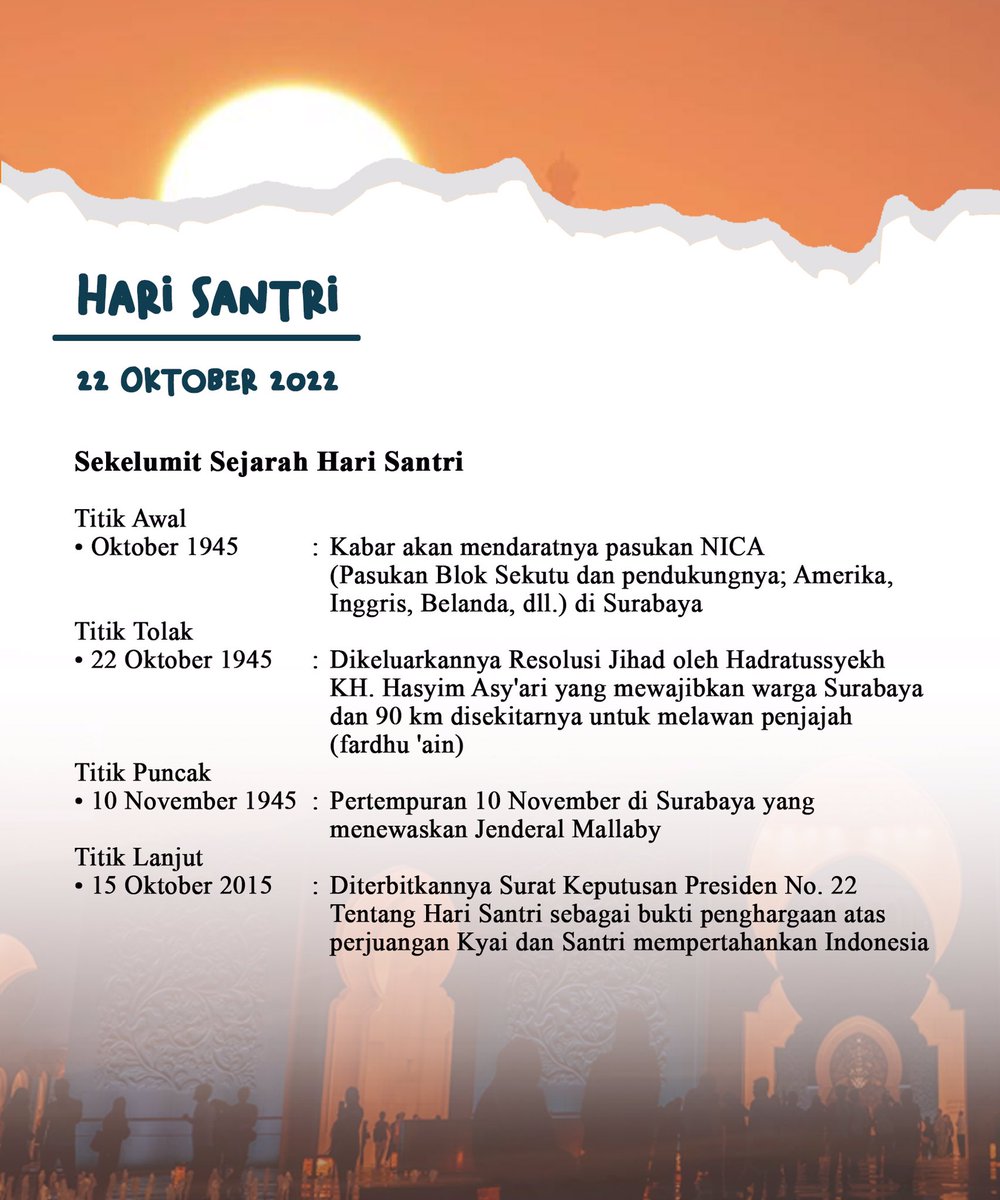 CSSMoRA's tweet photo. _
••SELAMAT HARI SANTRI 2022••)
Segenap keluarga besar CSSMoRA mengucapkan:
Selamat memperingati Hari Santri Tahun 2022.
________
"SANTRI bukan yang mondok saja, tapi siapapun yang berakhlak seperti santri, adalah SANTRI "
- KH. Ahmad Mustofa Bisri
#HariSantri2022 #cssmora https://t.co/dQ5eXoxb2U