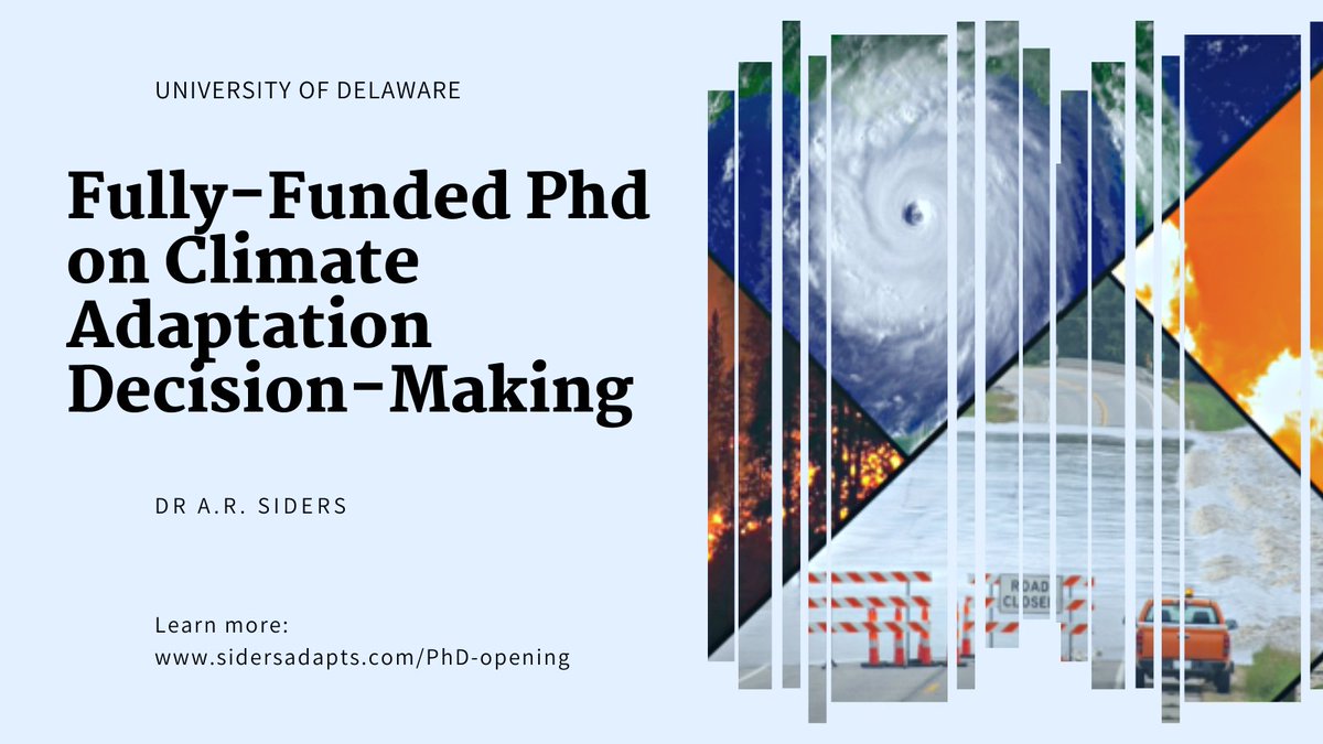 🚨 Recruiting for a fully-funded PhD position to work on equity in government climate #adaptation #decision-making. Collaborate with a multi-university team. Join the UD Adaptation Lab. JDs welcome. Interdisciplinary. Sep 2023 start. Apps due 12/15. sidersadapts.com/phd-opening