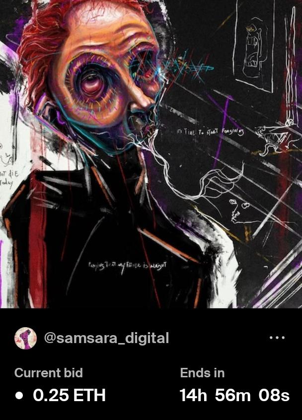 Gn ❤
Micrognacia 👀🔥
.
Loneliness becomes my best option, I need to eliminate everything that is left over from here, these ideas that do not belong to me should not be here.
.
Only 14 hours left
Bid prices: 0.25 $eth 🚀
.
Link: foundation.app/@samsara_digit…