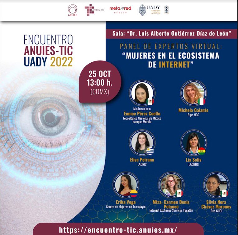 El <a href="/LAC_CMT/">@LAC_CMT</a> participará en el Panel de Expertas "Mujeres en el ecosistema de Internet" en el Encuentro <a href="/anuiestic/">ANUIES-TIC</a> #uady2022

25 de octubre
⏰ 13:00 h. México 18:00 UTC 

Registro : encuentro-tic.anuies.mx

#EncuentroANUIESTICUADY2022