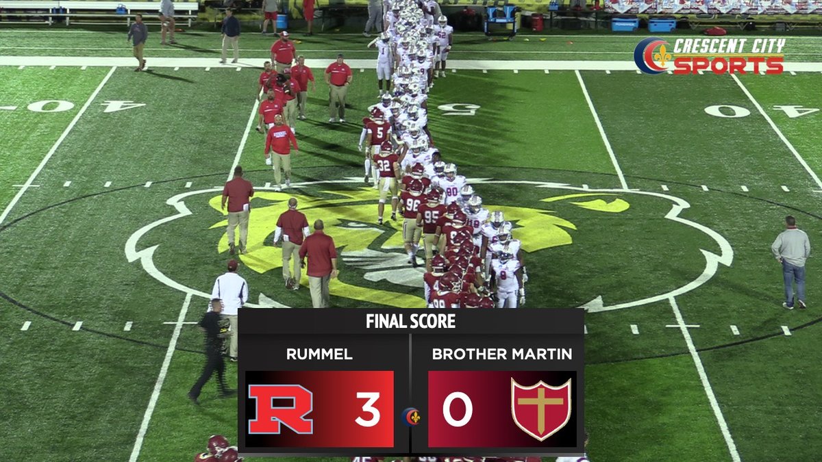 CCSprep's tweet photo. FINAL SCORE: Rummel 3 Brother Martin 0 - Chris Wallace's 34-yard field goal the difference here in this defensive slugfest. #ccsprep #lhsaa @kentrahan @lhsaa. https://t.co/epRusdDYgb