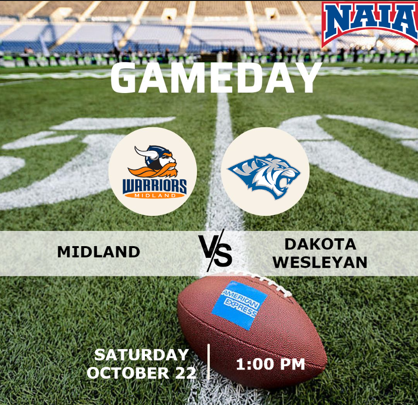 NAIA FOOTBALL (@naiafootbal) on Twitter photo ๐จ GAMEDAY๐จ
๐ <a href="/MidlandU_FB/">Midland Football</a> ๐ <a href="/dwtigerfootball/">DWU Football</a> ๐
๐ Saturday, October 22 | โฑ 1:00 PM
๐บ Live On : is.gd/kCag4k
<a href="/dwusports/">DWU Athletics</a> <a href="/Midland_Sports/">Midland Warriors</a> <a href="/CoachMasonFrost/">Mason Frost</a> <a href="/Coach_Bernarde/">Mike Bernarde</a> <a href="/DexterCurry26/">Dexter L Curry III</a> <a href="/KBattershaw/">Korbyn Battershaw</a> <a href="/_Y_Scammmell17/">_logan.scammell_๐ชฌ๐</a> <a href="/Coach_Honnold/">Denny Honnold</a> <a href="/MidlandU/">Midland University</a> <a href="/ShawnBlevins2/">Shawn Blevins</a> ๐จ GAMEDAY๐จ
๐ <a href="/MidlandU_FB/">Midland Football</a> ๐ <a href="/dwtigerfootball/">DWU Football</a> ๐
๐ Saturday, October 22 | โฑ 1:00 PM
๐บ Live On : is.gd/kCag4k
<a href="/dwusports/">DWU Athletics</a> <a href="/Midland_Sports/">Midland Warriors</a> <a href="/CoachMasonFrost/">Mason Frost</a> <a href="/Coach_Bernarde/">Mike Bernarde</a> <a href="/DexterCurry26/">Dexter L Curry III</a> <a href="/KBattershaw/">Korbyn Battershaw</a> <a href="/_Y_Scammmell17/">_logan.scammell_๐ชฌ๐</a> <a href="/Coach_Honnold/">Denny Honnold</a> <a href="/MidlandU/">Midland University</a> <a href="/ShawnBlevins2/">Shawn Blevins</a>